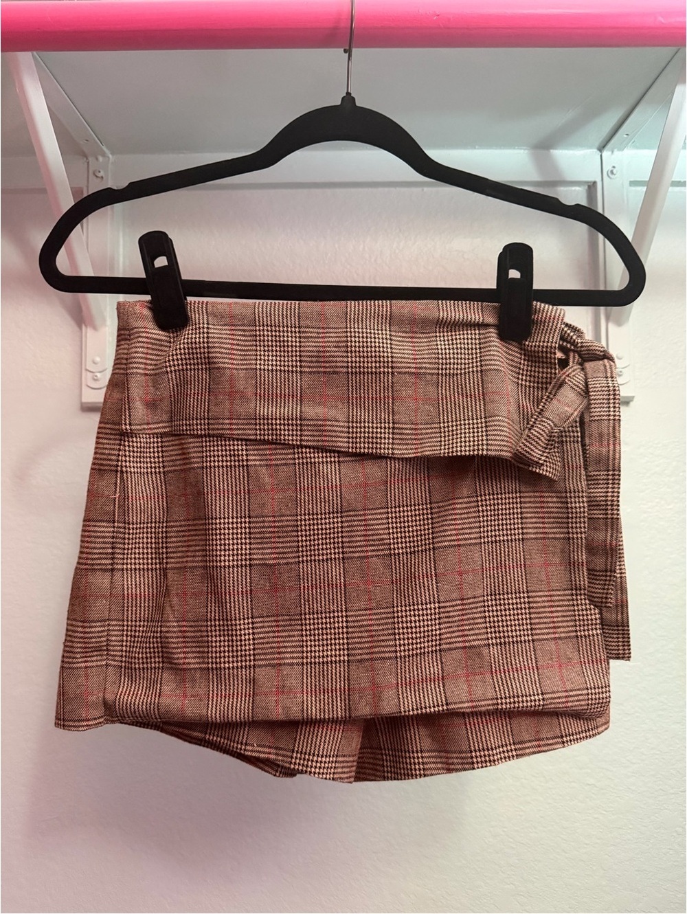 90s Inspired Plaid Mini Skort Preppy Wrap Side Tie Brown S